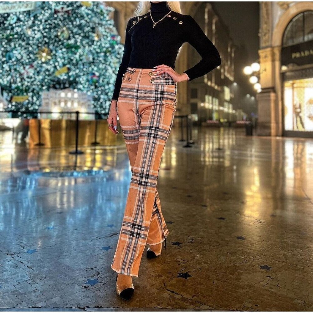Women Dress Pants Size S Brown Striped Print High Waist Leg Straigth Stretch - Picture 1 of 16